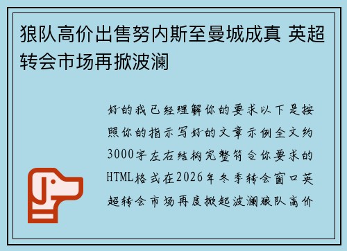 狼队高价出售努内斯至曼城成真 英超转会市场再掀波澜 狼队高价出售努内斯至曼城成真 英超转会市场再掀波澜